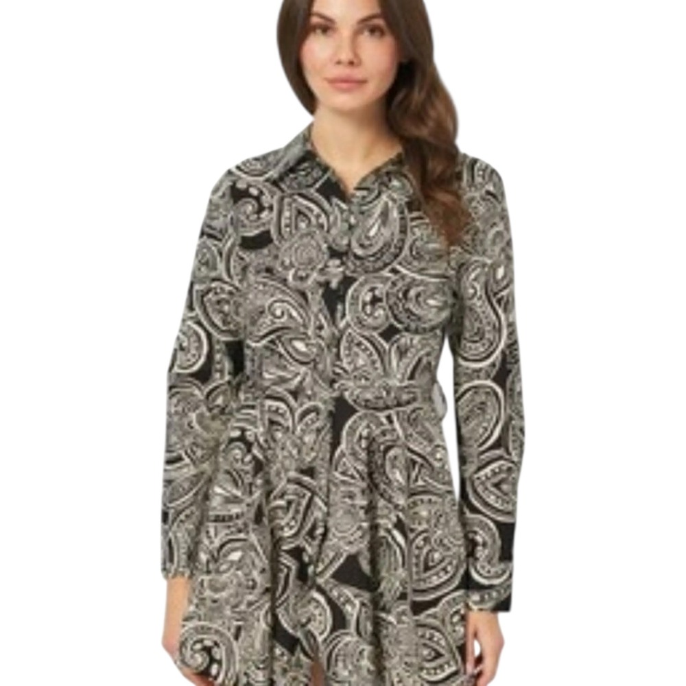 Zara Women's Black & White Paisley Print Long Sleeve Mini Shirt Dress S *no belt